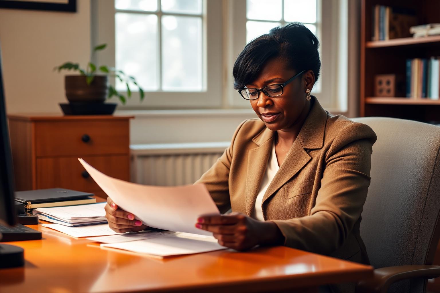 Black woman Army veteran in civilian professional attire reviewing health insurance options at her home office