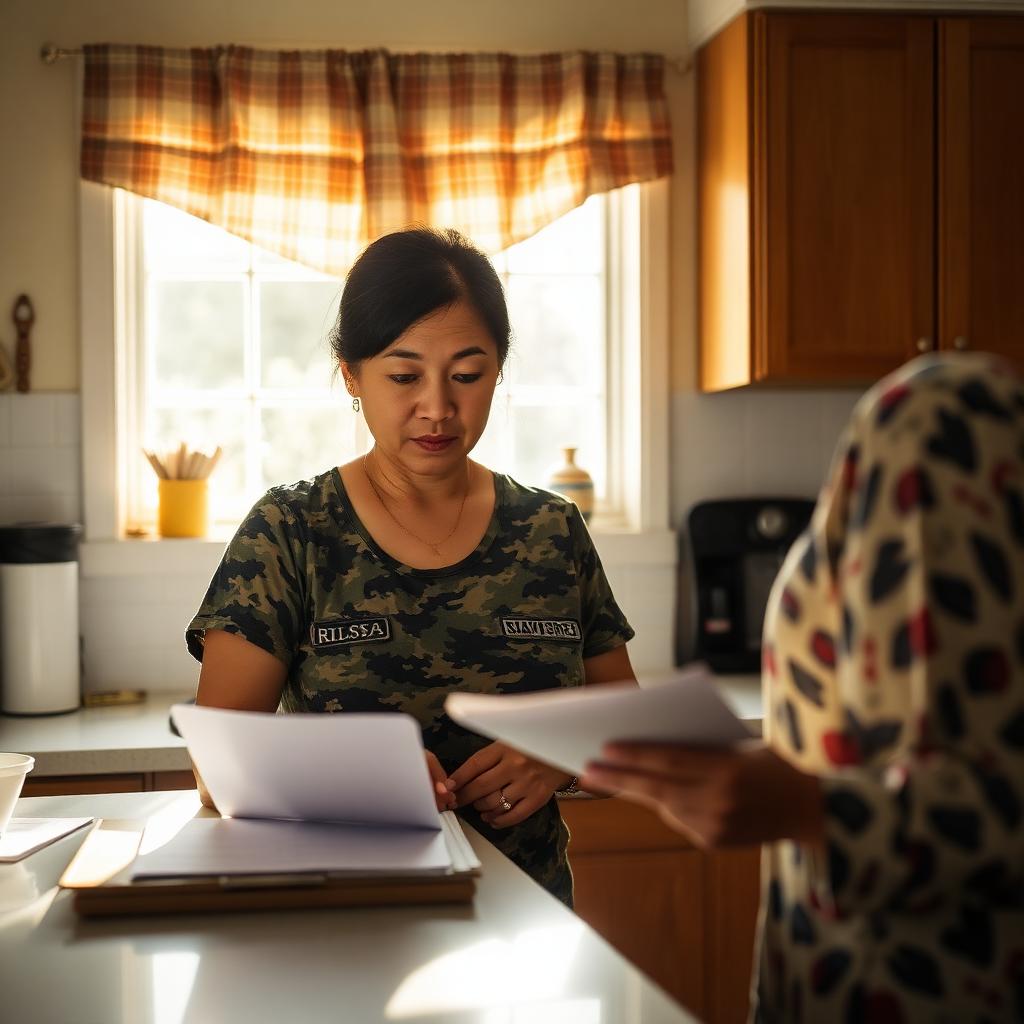 Asian-American military spouse reviewing health insurance paperwork at her kitchen counter